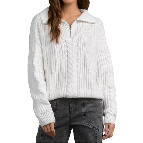 Elan Womens Quarter Zip Cable Knit Front Sweater Ribbed Knit Texture White Sz M - Picture 1 of 16